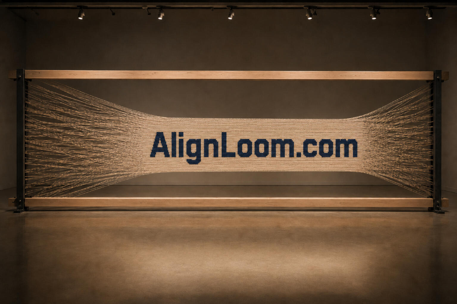 AlignLoom AlignLoom.com — a wide weaving frame of blackened iron and pale ash: linen threads enter splayed at the left, funnel into a band of finished cloth where the name stands woven in deep indigo, then spread loose again at the right.
