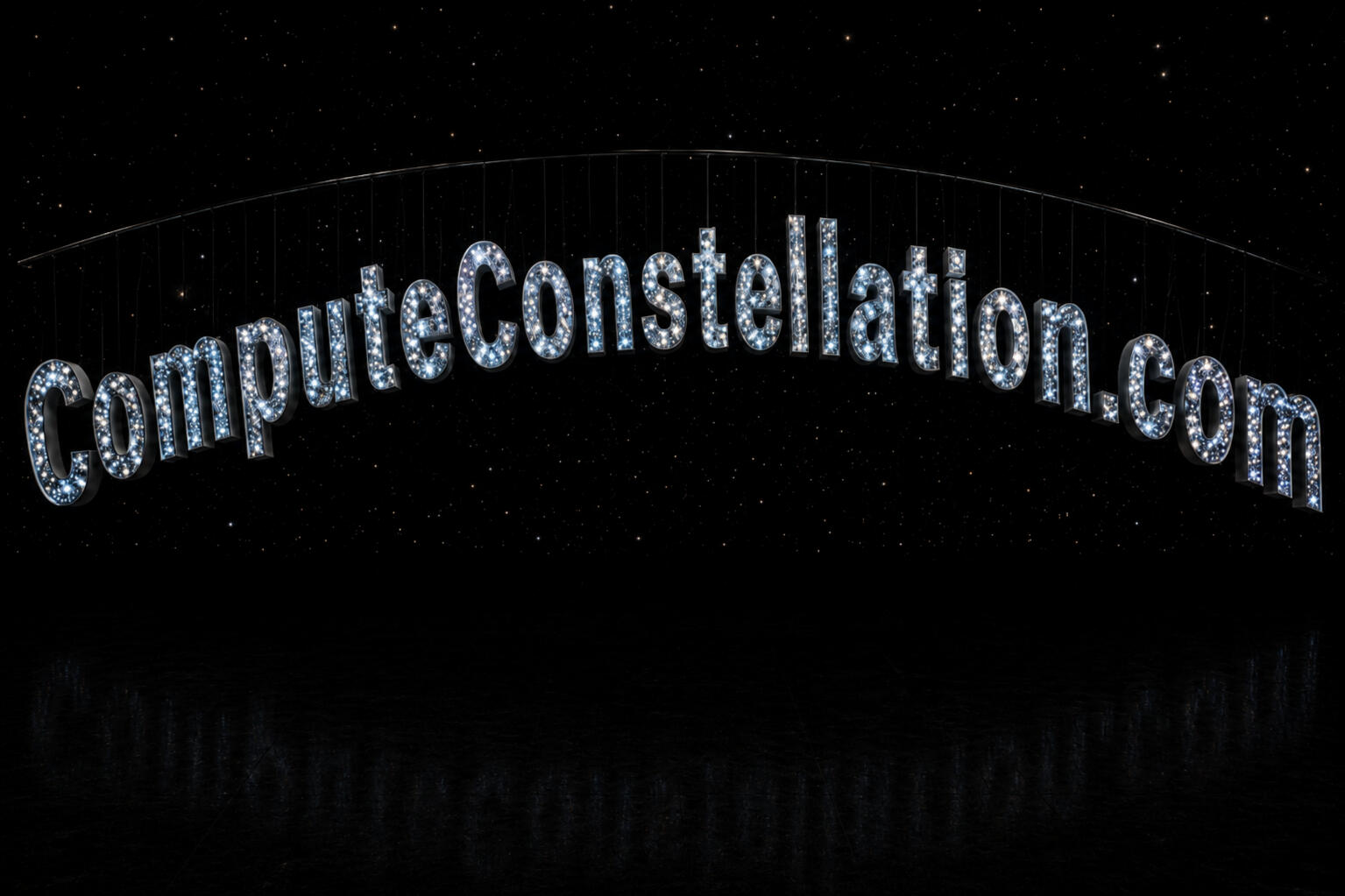 ComputeConstellation ComputeConstellation.com — letterforms filled with deep fields of stars, hung from a curved steel spine in a dark gallery, a faint second sky on the floor below.