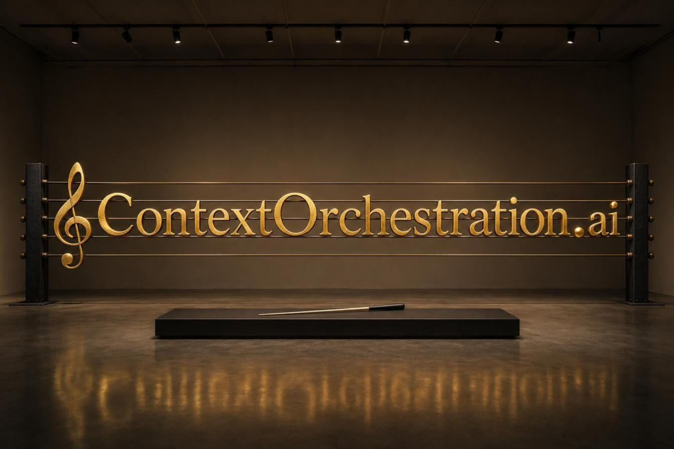 ContextOrchestration ContextOrchestration.ai — five taut brass wires strung between dark steel posts, polished gold letterforms mounted along the staff, a gold treble clef opening the line and a conductor's baton resting on a black podium below.