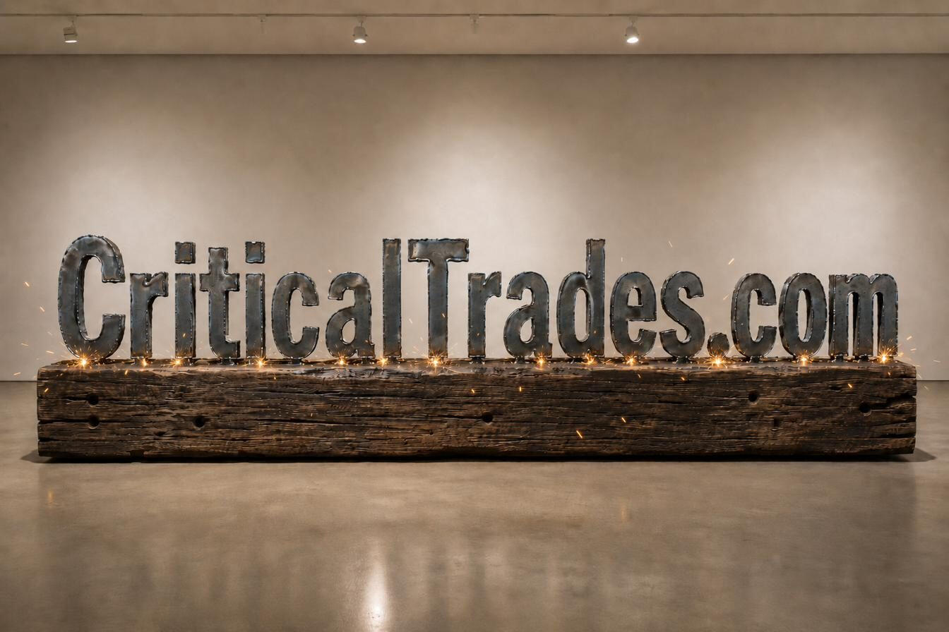 CriticalTrades CriticalTrades.com — torch-cut steel letters welded upright to a massive reclaimed oak beam, live weld sparks burning along its base in a dim gallery.