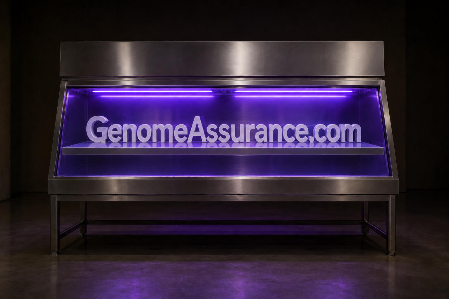 GenomeAssurance GenomeAssurance.com — glazed white porcelain letters raised on a stainless platform inside a sealed biosafety cabinet, the chamber flooded with germicidal violet light behind its glass sash.