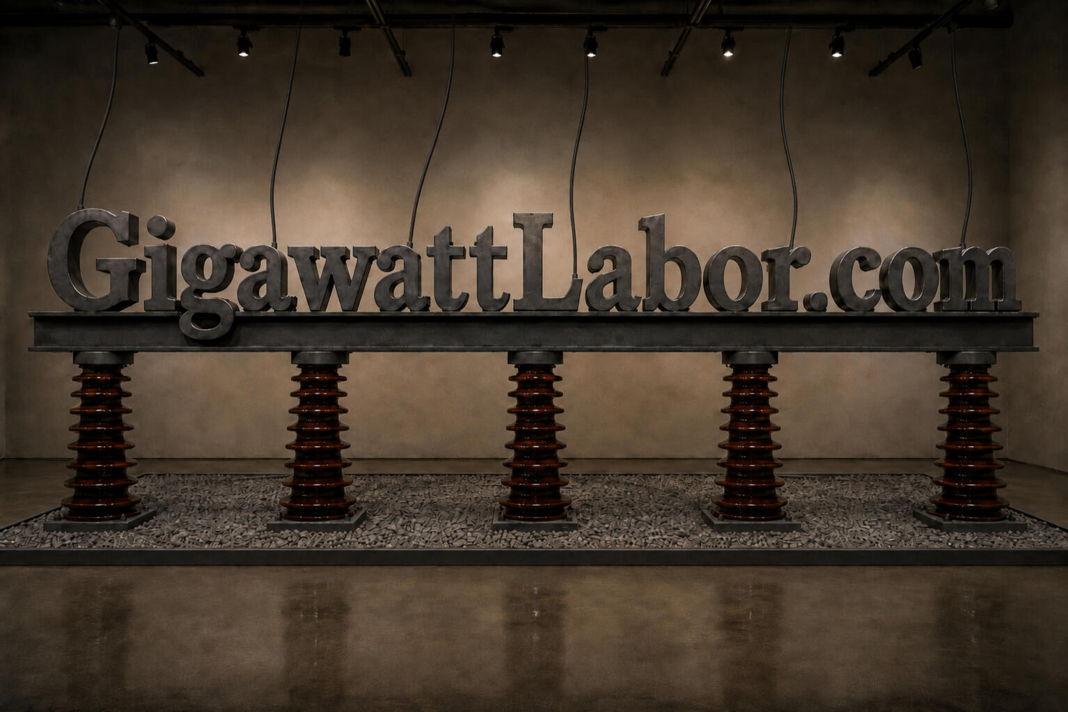 GigawattLabor GigawattLabor.com — cast-iron letters bolted along a steel bus beam, carried on five amber-glazed porcelain insulator columns above a bed of crushed ballast.