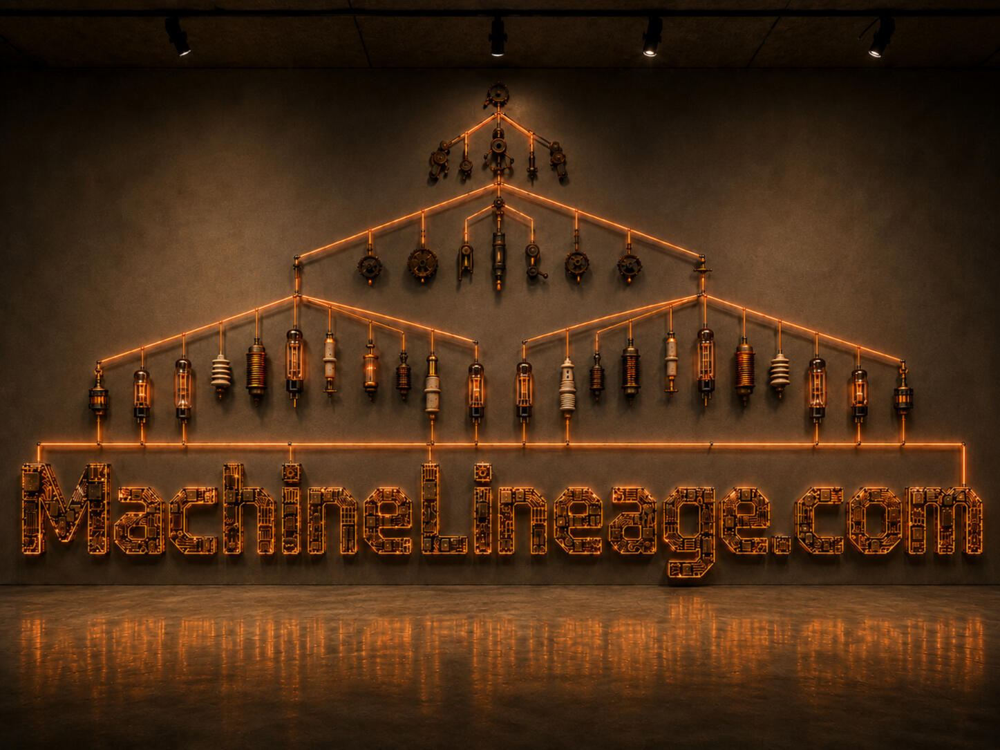MachineLineage MachineLineage.com — a branching copper armature descending through three eras of material, crude iron to early electrical to modern silicon, converging at the name in circuit-board lettering.