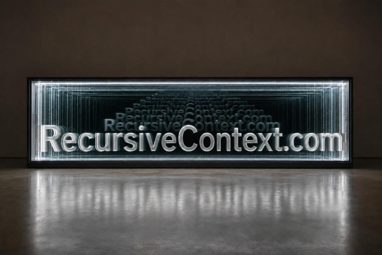 RecursiveContext RecursiveContext.com — an infinity mirror light box in a thin black steel frame, machined titanium letters repeating smaller and dimmer as they climb toward a vanishing point in the upper dark.
