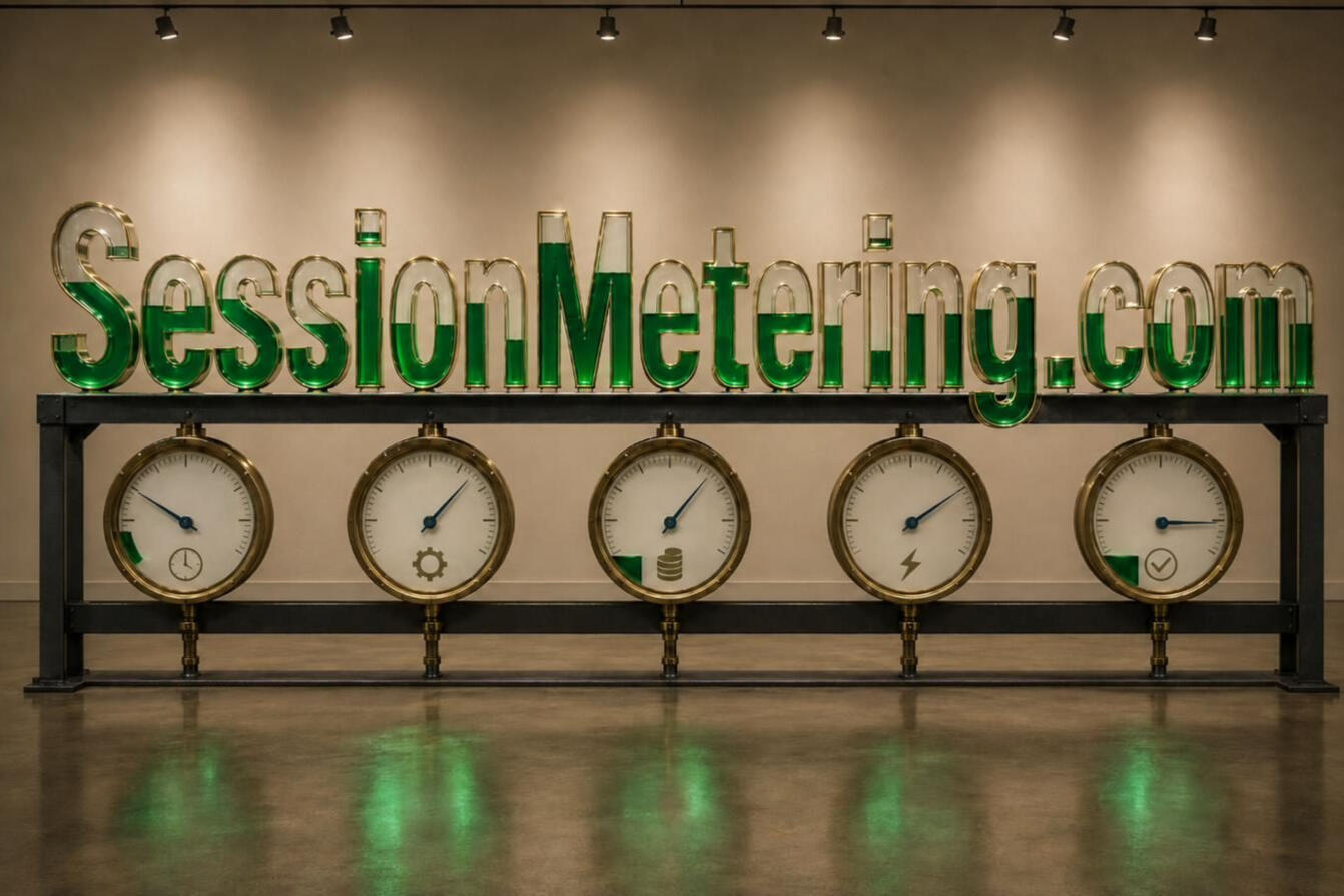 SessionMetering SessionMetering.com — hollow brass-edged glass letters filled to varying levels with luminous emerald liquid, standing on a dark steel rack of five blank-faced brass gauges with blued needles.