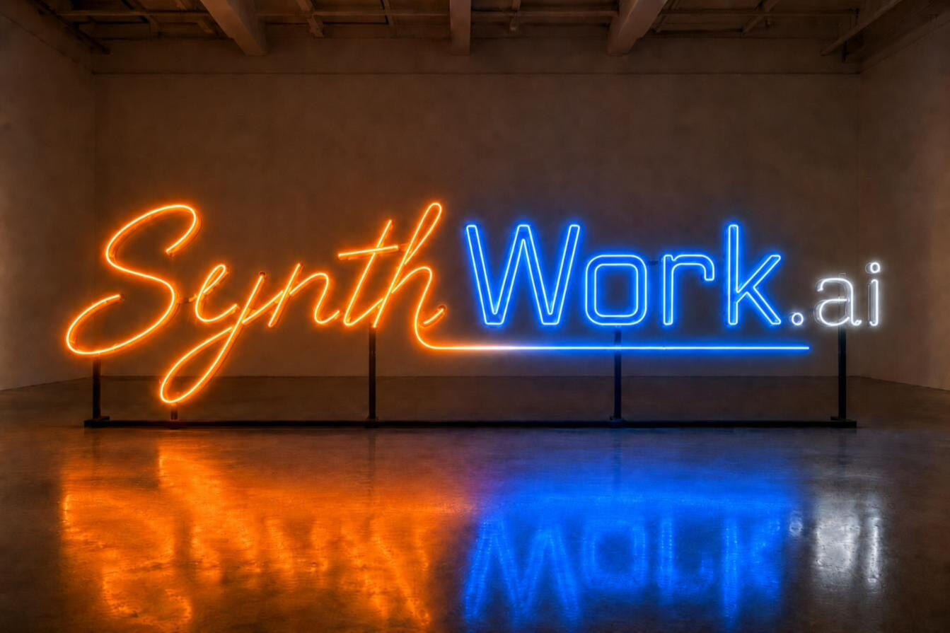 SynthWork SynthWork.ai — "Synth" in amber cursive neon flowing into "Work" in blue machine monospace, joined by one gradient underline, reflected in a polished floor.