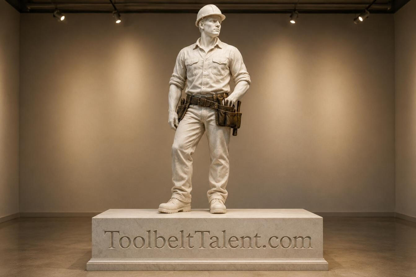 ToolbeltTalent ToolbeltTalent.com — a heroic Carrara marble statue of a modern tradesman in hardhat and boots, his toolbelt cast in weathered bronze, the name chiselled in Roman capitals across the pedestal.