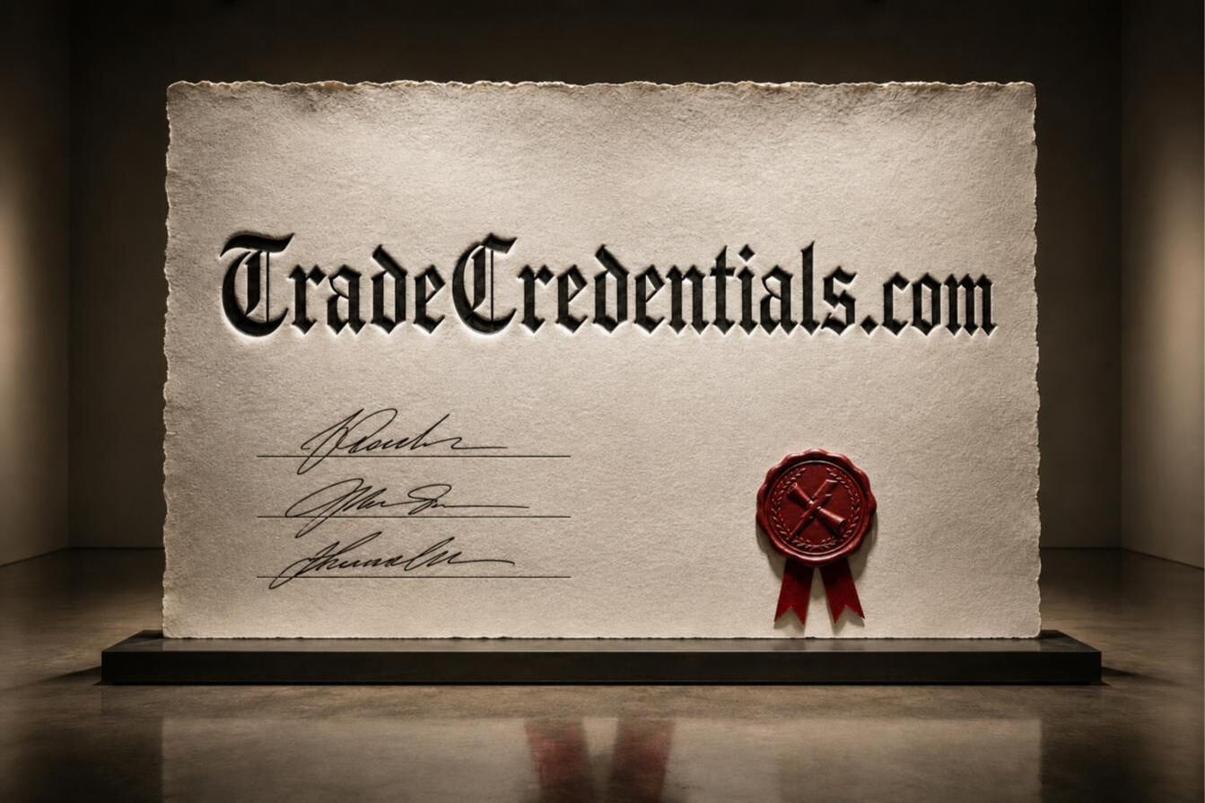 TradeCredentials TradeCredentials.com — a monumental diploma, the name pressed in blackletter into deckled cotton paper, three illegible ink signatures at lower left and a crimson wax seal at lower right.