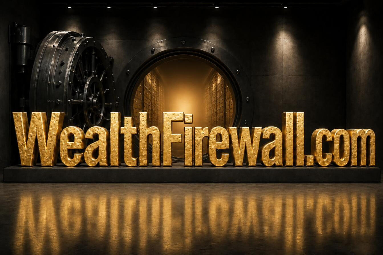 WealthFirewall WealthFirewall.com — hammered gold letters on a dark steel plinth, standing before an open near-black bank vault with gilded deposit boxes glowing within.